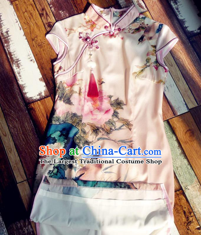 Chinese Traditional Printing Peony Pink Silk Qipao Dress National Tang Suit Cheongsam Costumes for Women