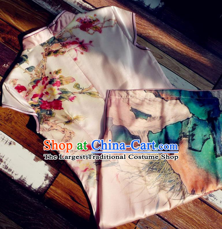 Chinese Traditional Printing Peony Pink Silk Qipao Dress National Tang Suit Cheongsam Costumes for Women