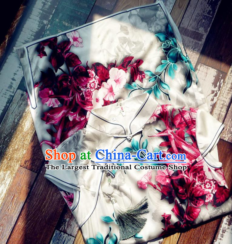 Chinese Traditional Printing Lily Flowers Silk Qipao Dress National Tang Suit Cheongsam Costumes for Women