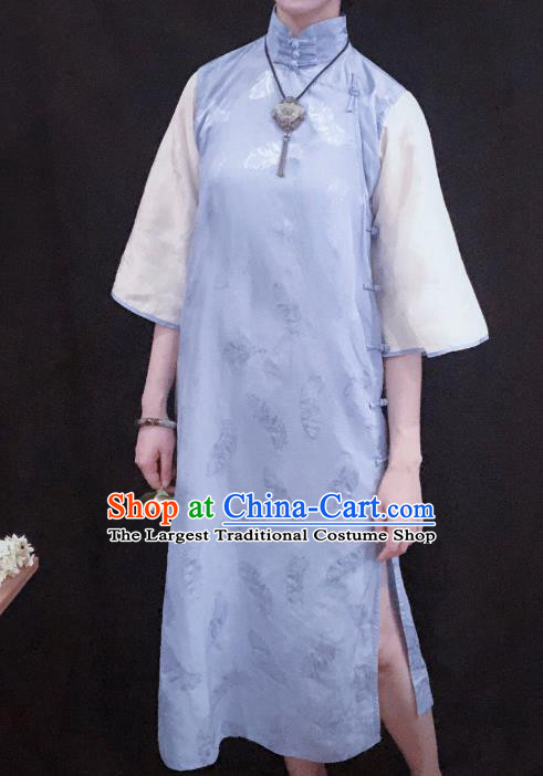 Chinese Traditional Jacquard Blue Qipao Dress National Tang Suit Cheongsam Costumes for Women