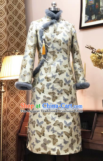 Chinese Traditional Butterfly Pattern White Qipao Dress National Tang Suit Cheongsam Costumes for Women