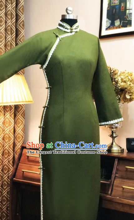 Chinese Traditional Green Woolen Qipao Dress National Tang Suit Cheongsam Costumes for Women