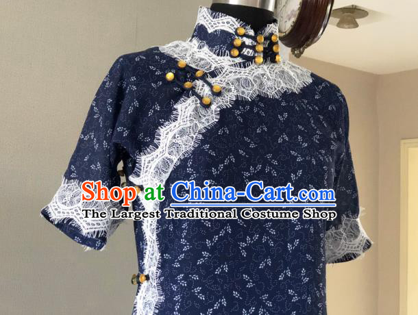 Chinese Traditional Navy Qipao Dress National Tang Suit Cheongsam Costumes for Women