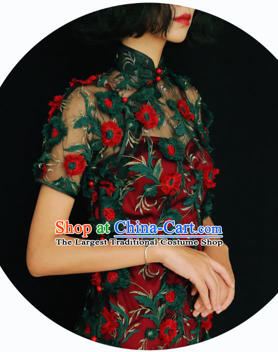 Chinese Traditional Embroidered Purplish Red Qipao Dress National Tang Suit Cheongsam Costumes for Women