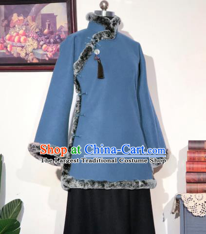 Chinese Traditional Winter Blue Woolen Coat National Tang Suit Overcoat Costumes for Women