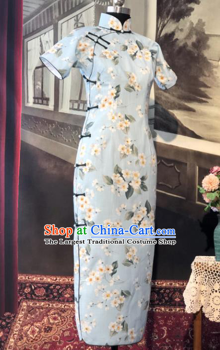 Chinese Traditional Printing Flowers Blue Qipao Dress National Tang Suit Cheongsam Costumes for Women