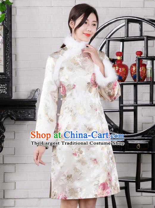 Chinese Traditional Winter Printing White Qipao Dress National Tang Suit Cheongsam Costumes for Women