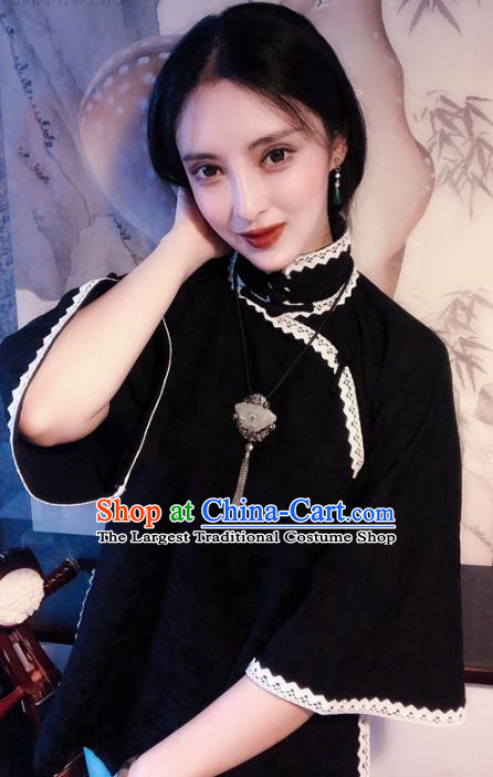 Chinese Traditional Black Shirt National Tang Suit Upper Outer Garment Blouse Costume for Women