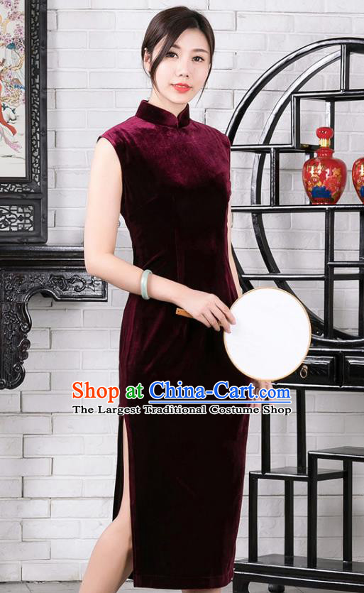 Chinese Traditional Wine Red Velvet Sleeveless Qipao Dress National Tang Suit Cheongsam Costumes for Women