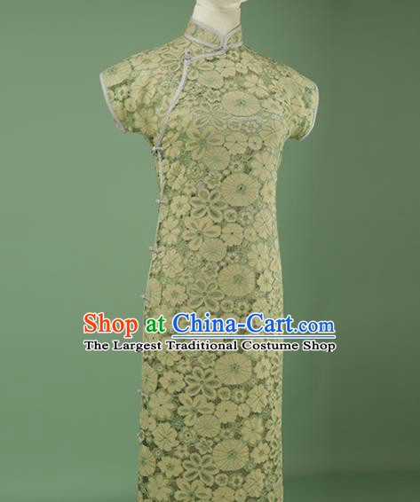 Chinese Traditional Light Green Lace Qipao Dress National Tang Suit Cheongsam Costumes for Women