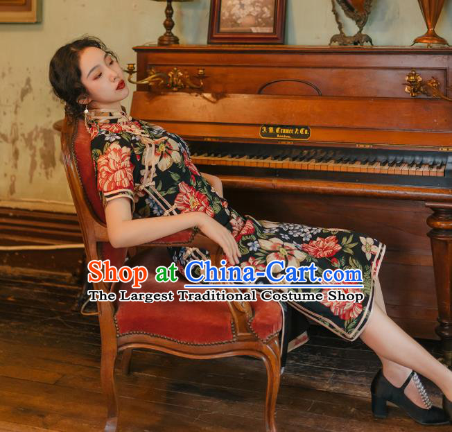 Chinese Traditional Retro Printing Black Qipao Dress National Tang Suit Cheongsam Costumes for Women