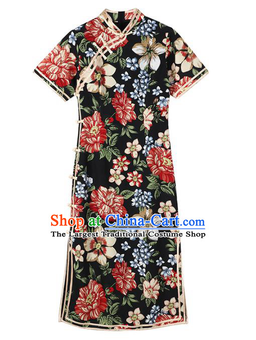Chinese Traditional Retro Printing Black Qipao Dress National Tang Suit Cheongsam Costumes for Women