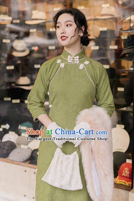 Chinese Traditional Retro Green Qipao Dress National Tang Suit Cheongsam Costumes for Women