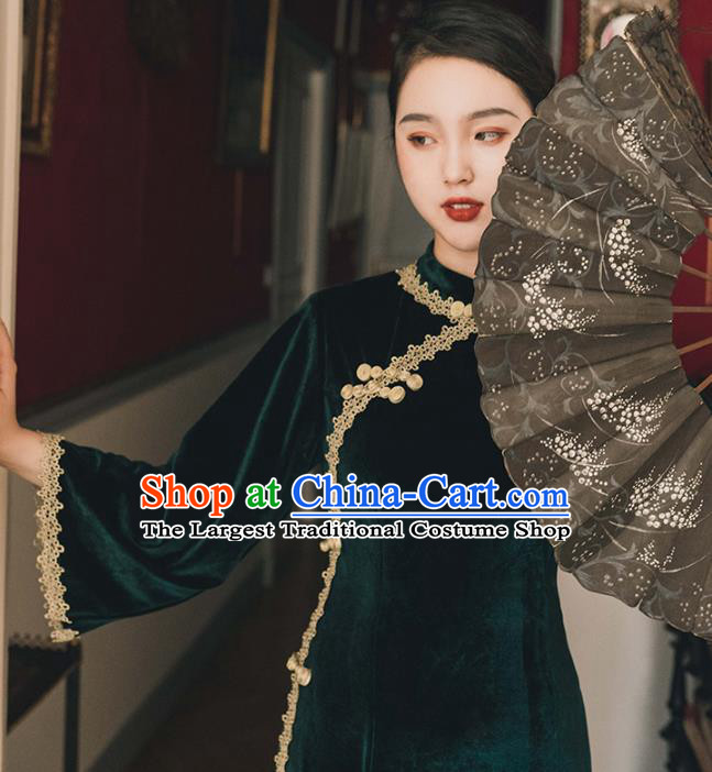 Chinese Traditional Retro Deep Green Velvet Qipao Dress National Tang Suit Cheongsam Costumes for Women
