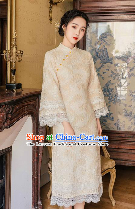 Chinese Traditional Retro Beige Lace Qipao Dress National Tang Suit Cheongsam Costumes for Women