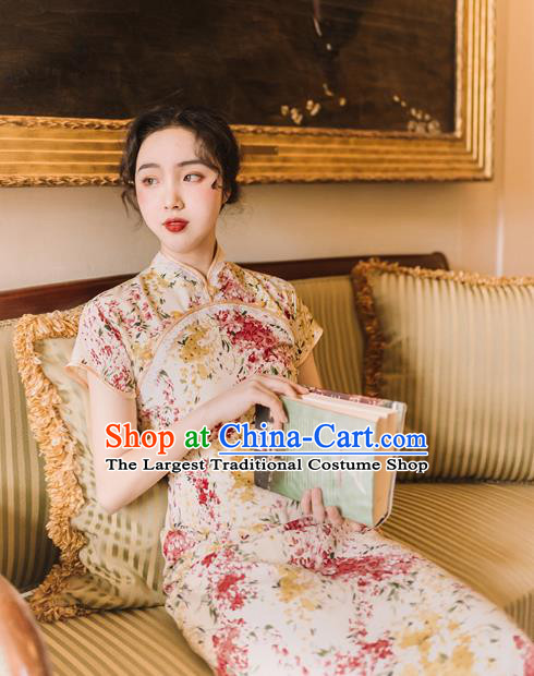 Chinese Traditional Retro Printing Qipao Dress National Tang Suit Cheongsam Costumes for Women