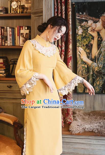 Chinese Traditional Yellow Qipao Dress National Tang Suit Cheongsam Costumes for Women