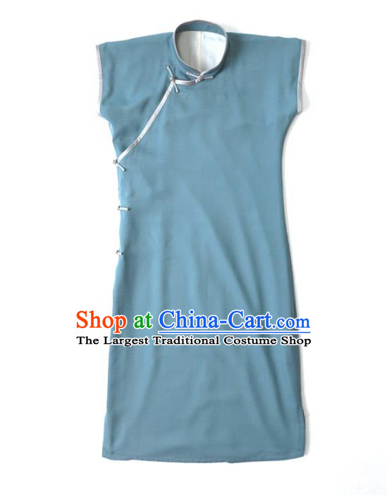 Republic of China Traditional Lake Blue Qipao Dress Chinese National Tang Suit Cheongsam Costumes for Women