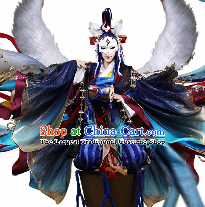 Japanese Traditional Cosplay Onmyoji Blue Clothing Ancient Knight Swordsman Costumes for Men
