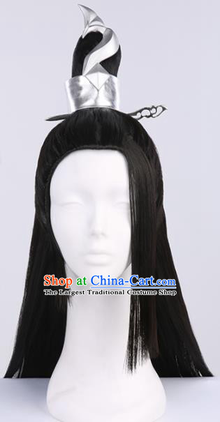 Chinese Traditional Han Dynasty Taoist Black Wigs Ancient Swordsman Wig Sheath for Men