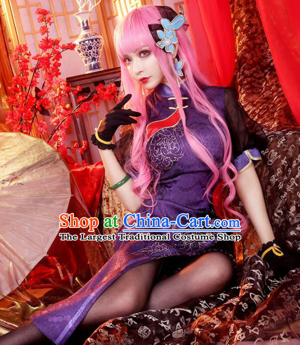 China Traditional Cosplay Purple Qipao Dress Chinese National Tang Suit Cheongsam Costumes for Women
