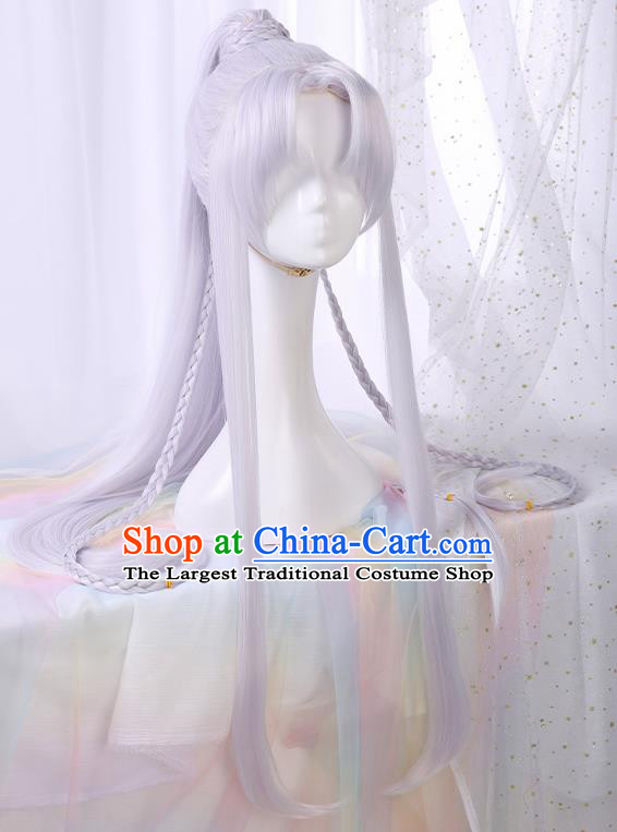 Chinese Traditional Cosplay Swordsman Light Purple Wigs Ancient Knight Wig Sheath for Men