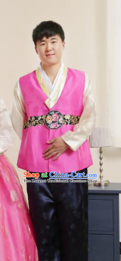 Korean Traditional Rosy Vest and Navy Pants Hanbok Asian Korea Bridegroom Fashion Costume for Men