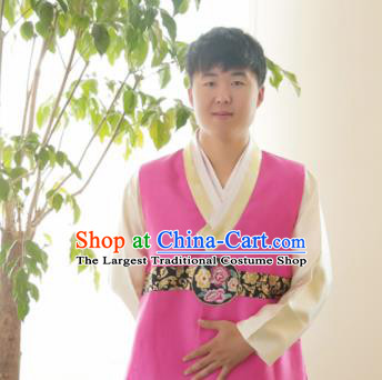 Korean Traditional Rosy Vest and Navy Pants Hanbok Asian Korea Bridegroom Fashion Costume for Men