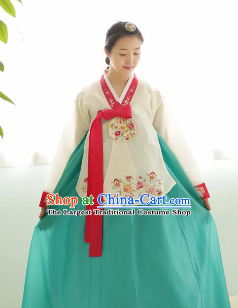 Korean Traditional Wedding Bride Hanbok White Blouse and Green Dress Garment Asian Korea Fashion Costume for Women