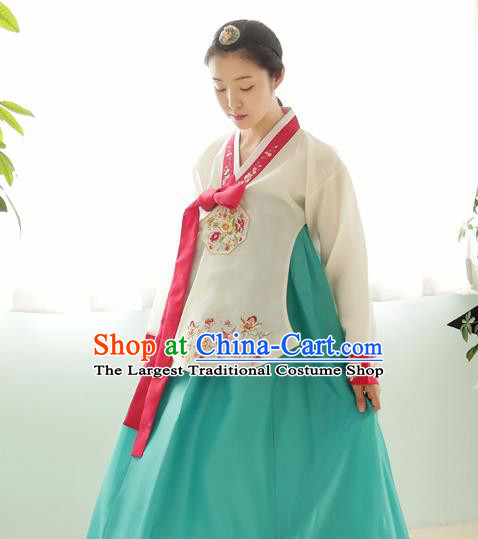 Korean Traditional Wedding Bride Hanbok White Blouse and Green Dress Garment Asian Korea Fashion Costume for Women