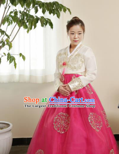 Korean Traditional Wedding Bride Hanbok White Blouse and Pink Dress Garment Asian Korea Fashion Costume for Women