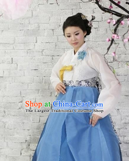 Korean Traditional Dance Hanbok White Blouse and Blue Dress Garment Asian Korea Fashion Costume for Women