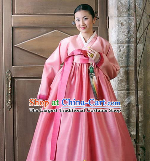 Korean Traditional Court Hanbok Pink Satin Blouse and Dress Garment Asian Korea Fashion Costume for Women