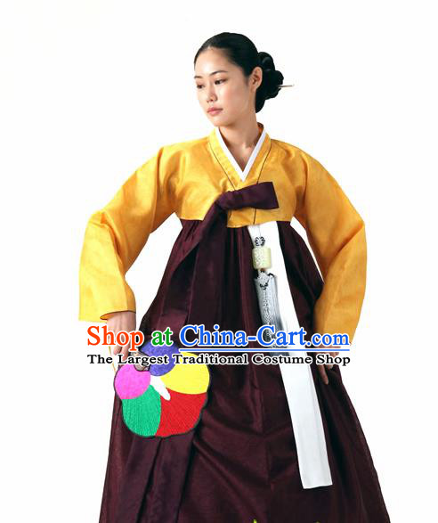 Korean Traditional Court Hanbok Yellow Blouse and Purplish Red Dress Garment Asian Korea Fashion Costume for Women