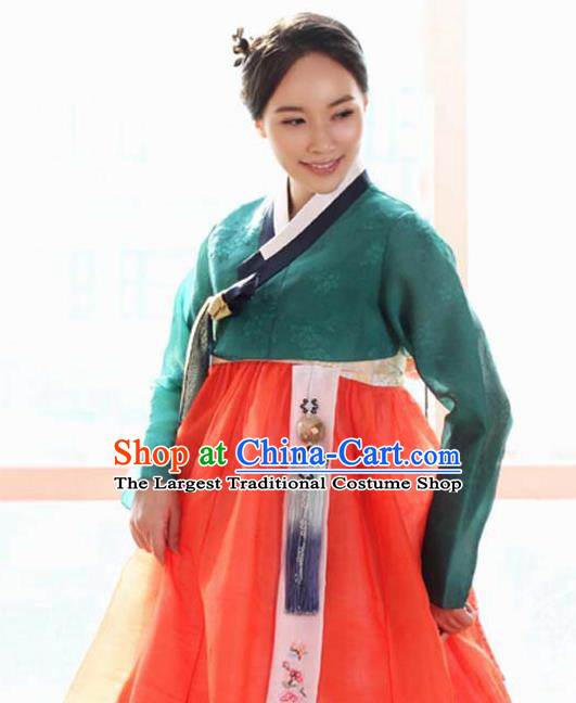 Korean Traditional Hanbok Green Blouse and Orange Dress Garment Asian Korea Fashion Costume for Women