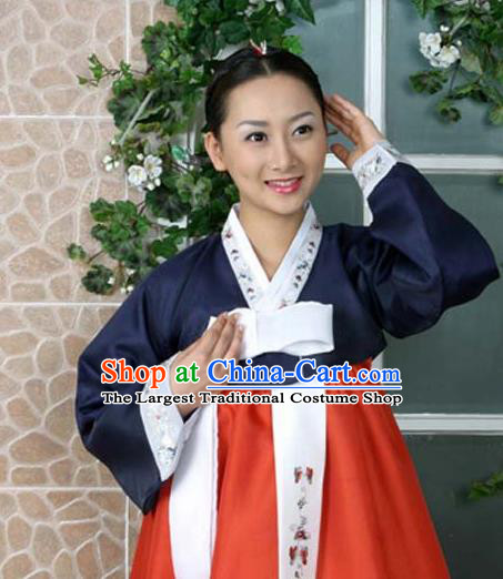Korean Traditional Hanbok Navy Blouse and Orange Dress Garment Asian Korea Fashion Costume for Women