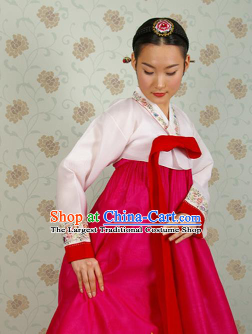 Korean Traditional Hanbok White Blouse and Rosy Dress Garment Asian Korea Fashion Costume for Women