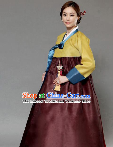 Korean Traditional Court Hanbok Ginger Blouse and Brown Dress Garment Asian Korea Fashion Costume for Women