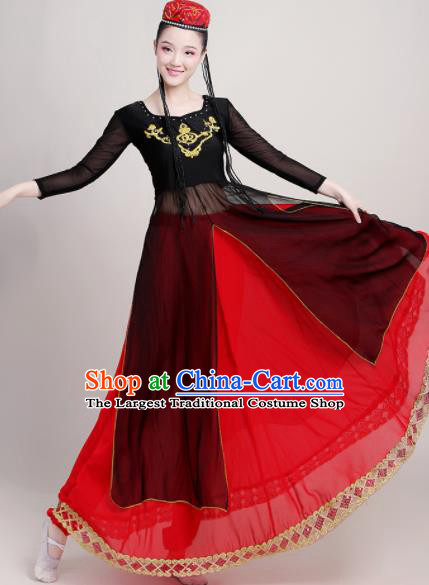 Chinese Traditional Xinjiang Uyghur Nationality Red Dress Uigurian Ethnic Folk Dance Costume for Women