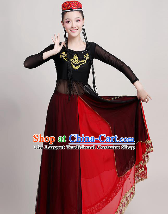 Chinese Traditional Xinjiang Uyghur Nationality Red Dress Uigurian Ethnic Folk Dance Costume for Women