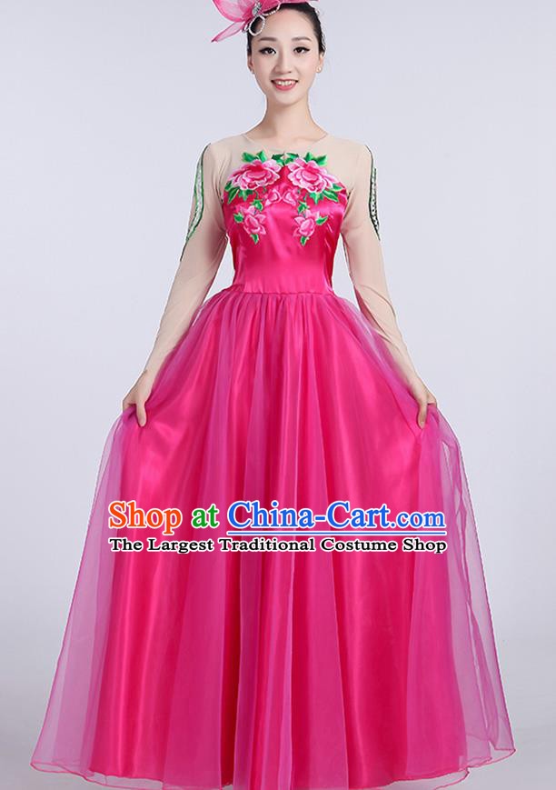 Chinese Traditional Fan Dance Rosy Dress Classical Dance Stage Performance Costume for Women