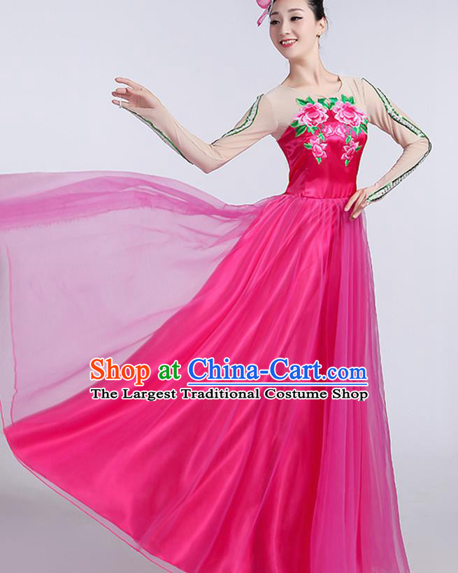 Chinese Traditional Fan Dance Rosy Dress Classical Dance Stage Performance Costume for Women