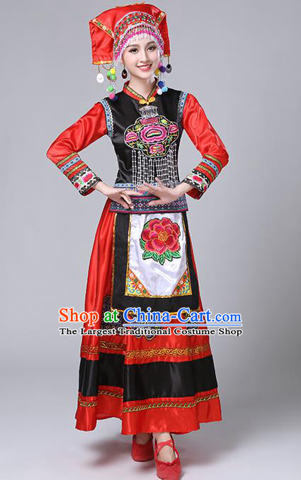 Chinese Traditional Yi Nationality Folk Dance Red Dress Ethnic Stage Show Costume for Women