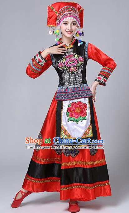 Chinese Traditional Yi Nationality Folk Dance Red Dress Ethnic Stage Show Costume for Women
