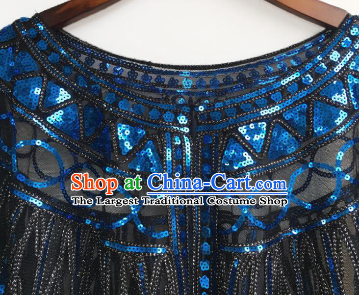 Top Professional Latin Dance Royalblue Sequins Cloak Modern Dance Blouse Stage Performance Costume for Women