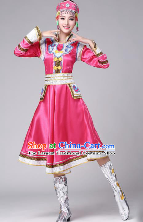Chinese Traditional Mongol Nationality Stage Show Rosy Short Dress Mongolian Ethnic Folk Dance Costume for Women