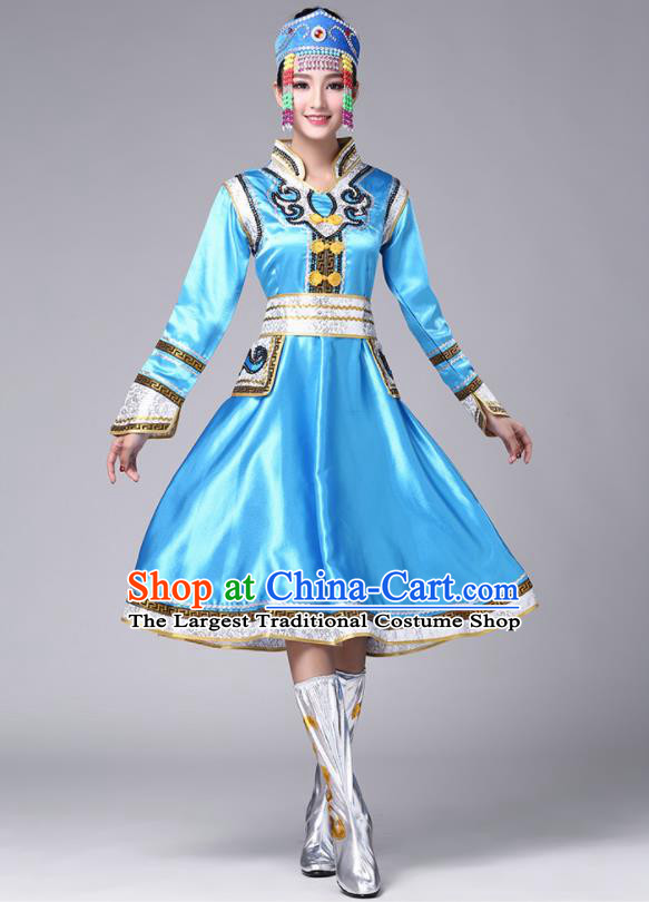 Chinese Traditional Mongol Nationality Stage Show Blue Short Dress Mongolian Ethnic Folk Dance Costume for Women