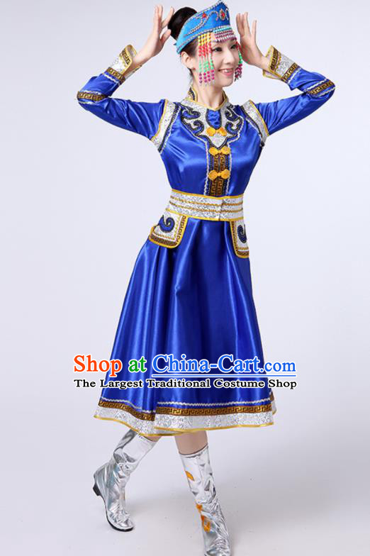 Chinese Traditional Mongol Nationality Stage Show Royalblue Short Dress Mongolian Ethnic Folk Dance Costume for Women