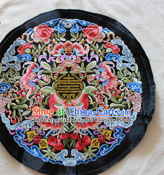 Chinese Traditional Embroidered Bats Peach Black Round Patch Embroidery Craft Embroidering Accessories