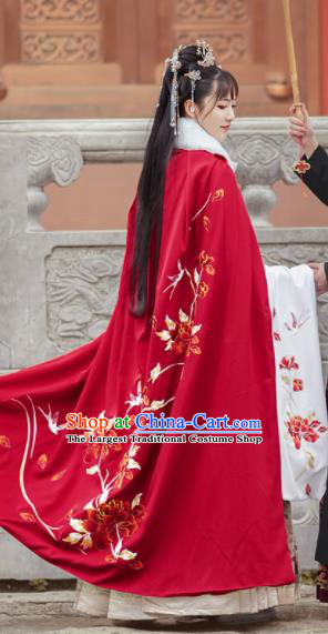 Chinese Traditional Hanfu Embroidered Peony Red Cloak Ancient Royal Princess Cape Costumes for Women